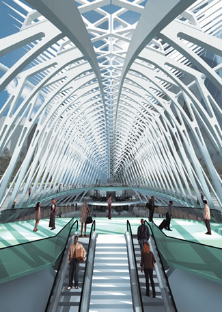 Architectural rendering of the World Trade Center Transportation Hub (Oculus), with its white ribbed vaulted ceiling and open hall